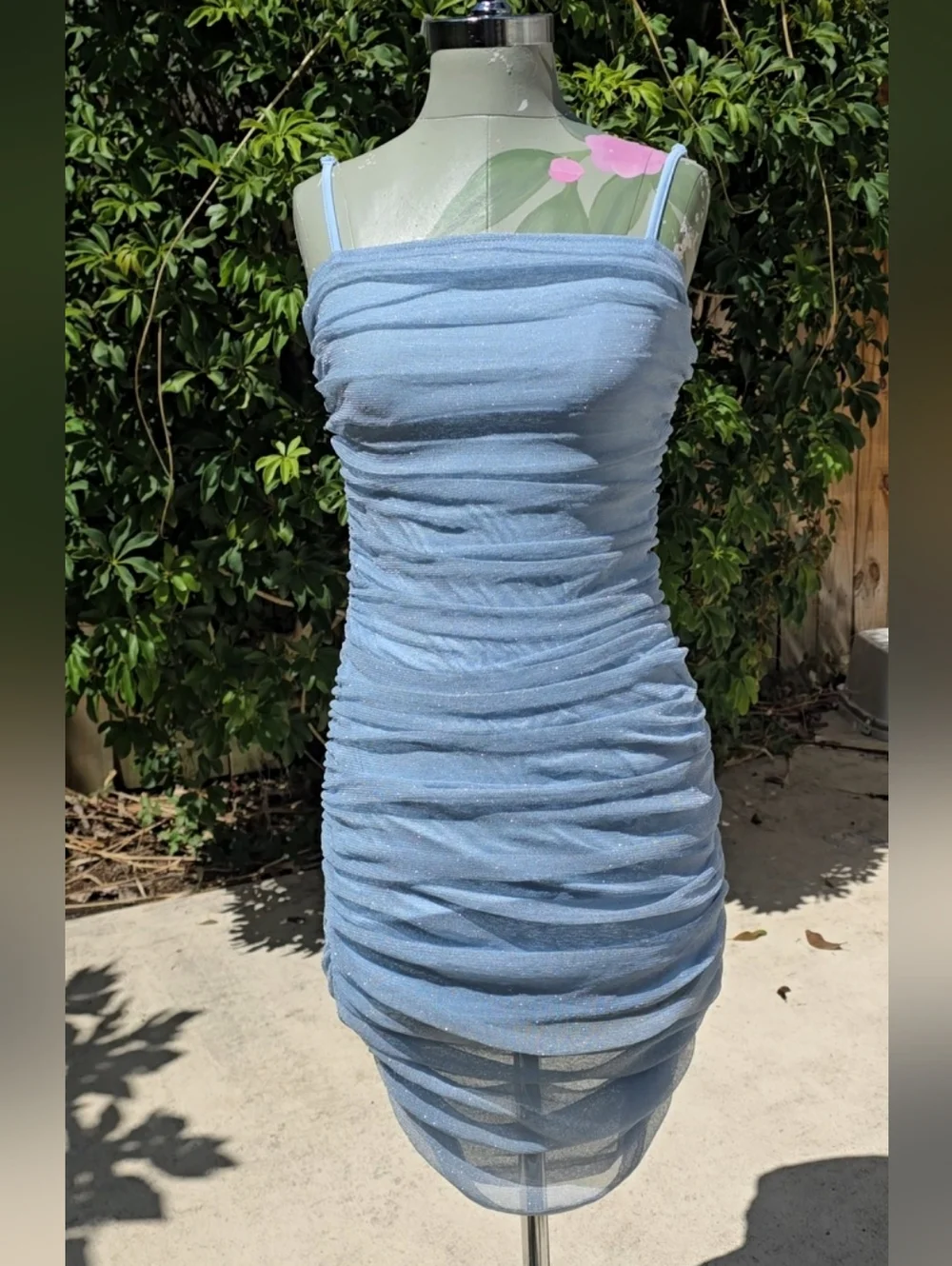 SHEIN Sky Blue Ruched Sparkle Mini Dress